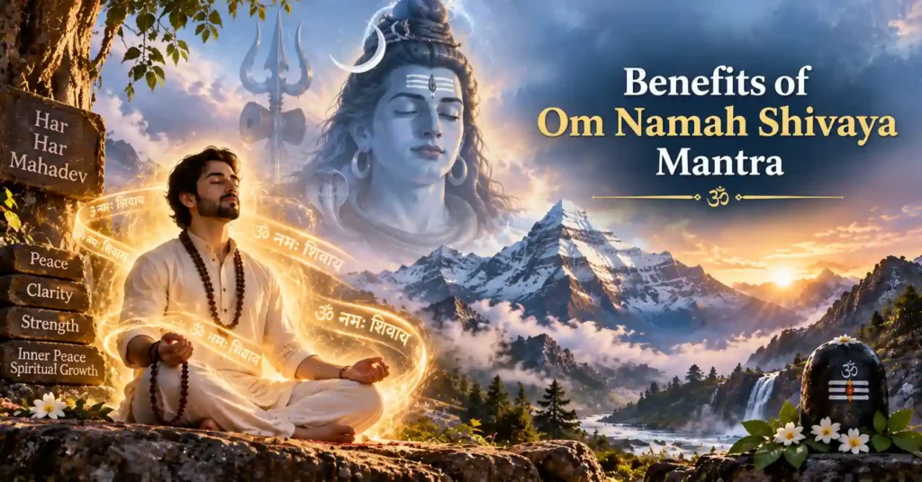 Devotee meditating and chanting Om Namah Shivaya Mantra showing spiritual and mental benefits