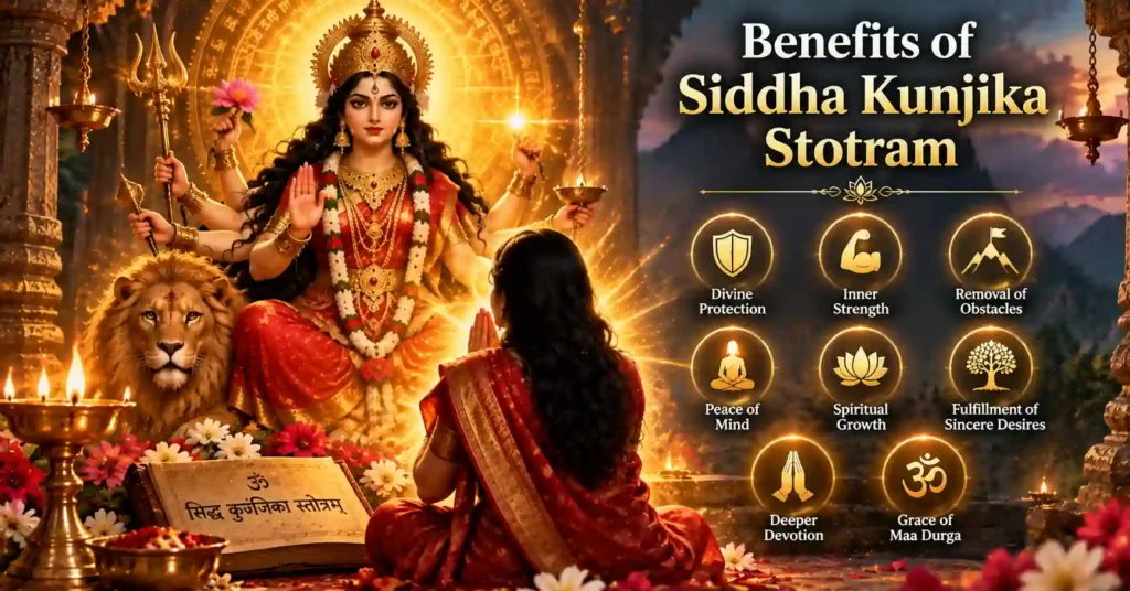 Devotee receiving spiritual blessings, protection, and inner strength through Siddha Kunjika Stotram