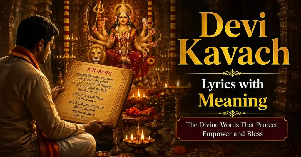 Devotee reading Devi Kavach from a sacred Sanskrit manuscript before Maa Durga with oil lamps and devotional atmosphere