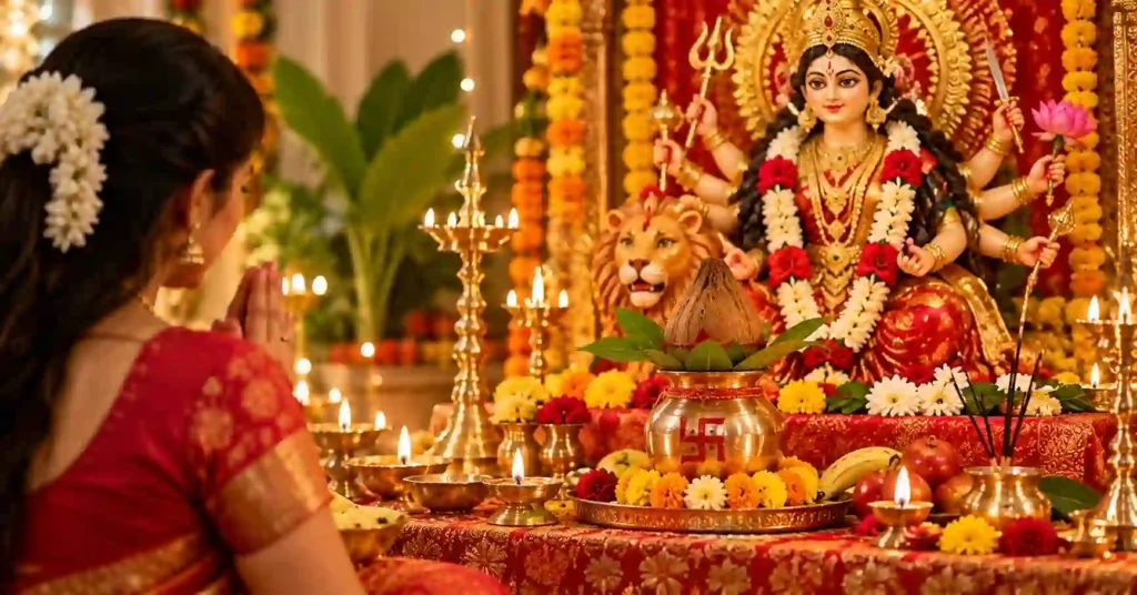 Devotee offering prayers before Maa Durga altar during Navratri with kalash and diya as part of Navratri fasting rituals