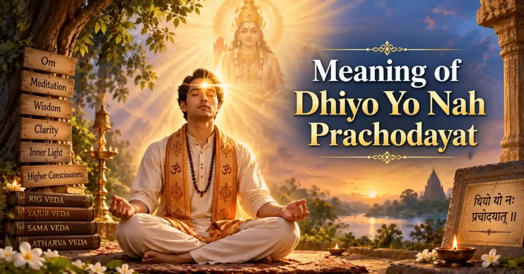 Devotee meditating with divine light illuminating the mind, representing the meaning of Dhiyo Yo Nah Prachodayat in the Gayatri Mantra