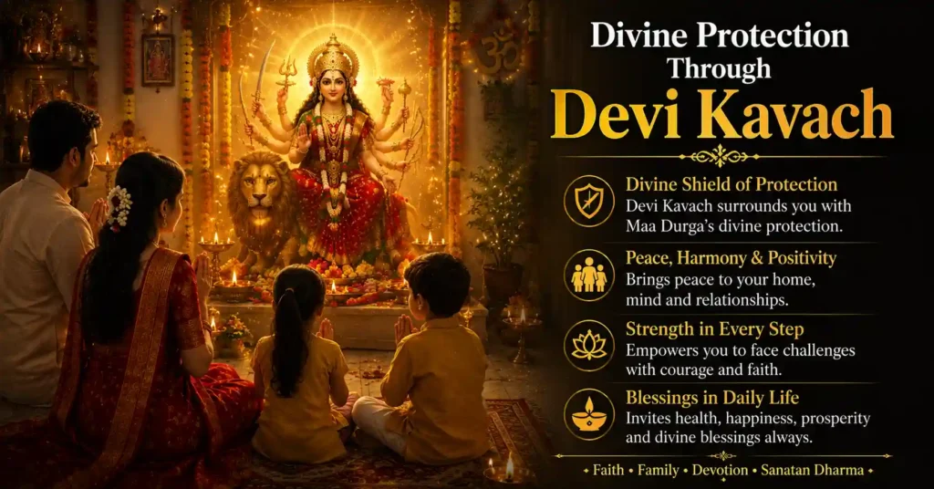 Indian family praying before Maa Durga altar at home, symbolizing divine protection, faith, harmony, and Devi Kavach blessings