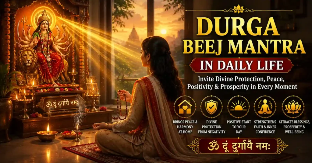 Devotee practicing Durga Beej Mantra as part of daily spiritual routine with Maa Durga's blessings and positive energy