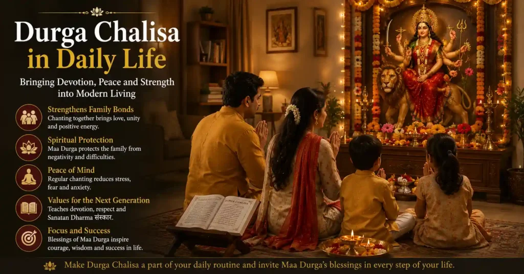 Indian family praying before Maa Durga and practicing Durga Chalisa as part of daily spiritual life