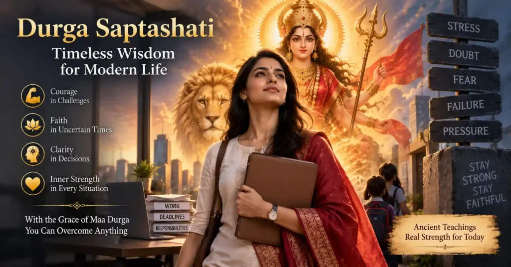 Modern woman drawing courage faith and inner strength from the teachings of Durga Saptashati and Maa Durga