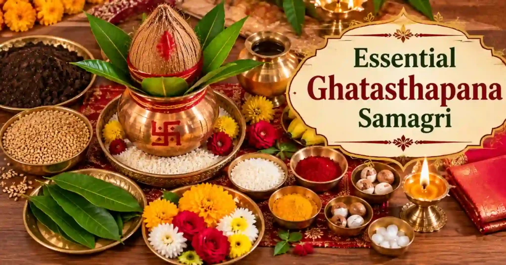 Essential Ghatasthapana samagri including kalash, coconut, barley seeds, flowers, rice and puja items