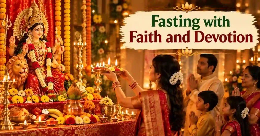 Family performing Durga Aarti during Navratri evening with glowing lamps and devotional atmosphere during fasting