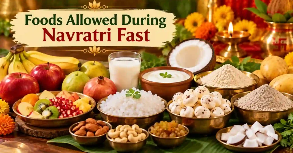 Foods Allowed During Navratri Fast including fruits, milk, curd, makhana, sabudana, coconut, dry fruits and vrat flours