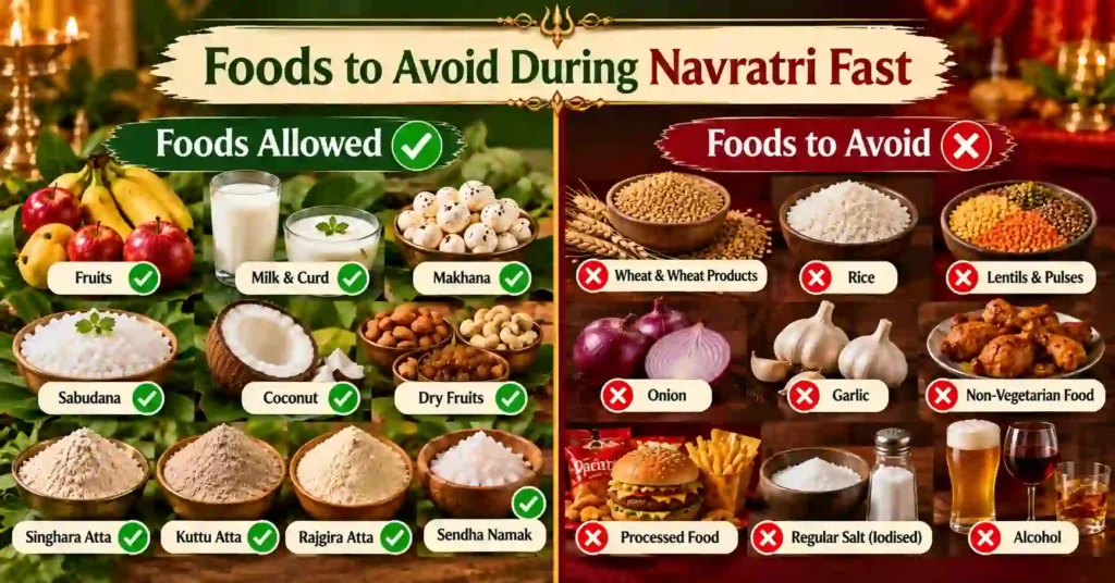 Foods to Avoid During Navratri Fast including wheat, rice, lentils, onion, garlic and processed foods compared with vrat foods