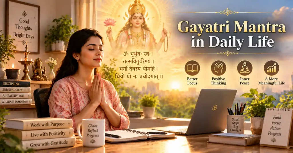 Modern devotee practicing the Gayatri Mantra before work and study, showing how the mantra can be applied in daily life for focus and spiritual growth