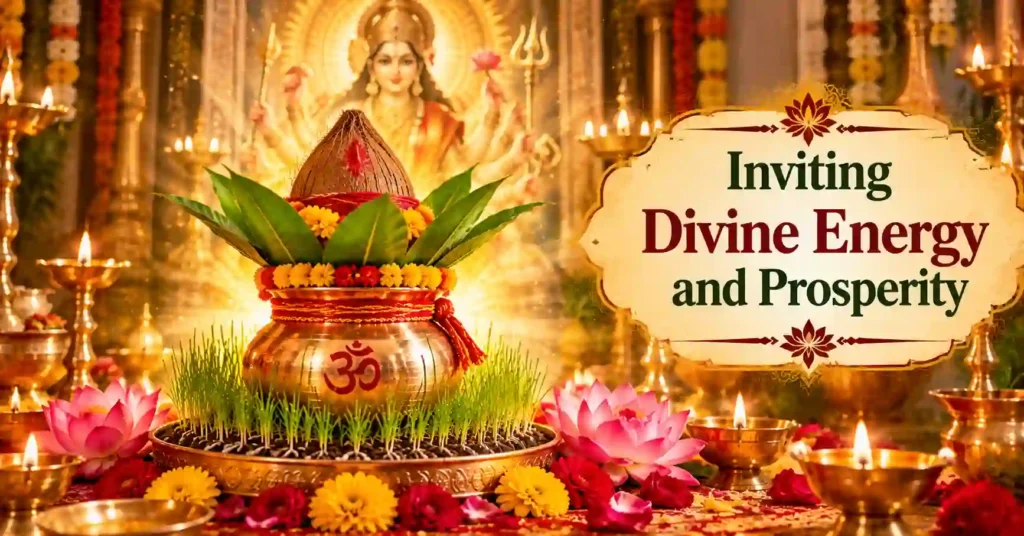 Sacred Ghatasthapana kalash symbolizing divine energy, prosperity and the presence of Goddess Durga