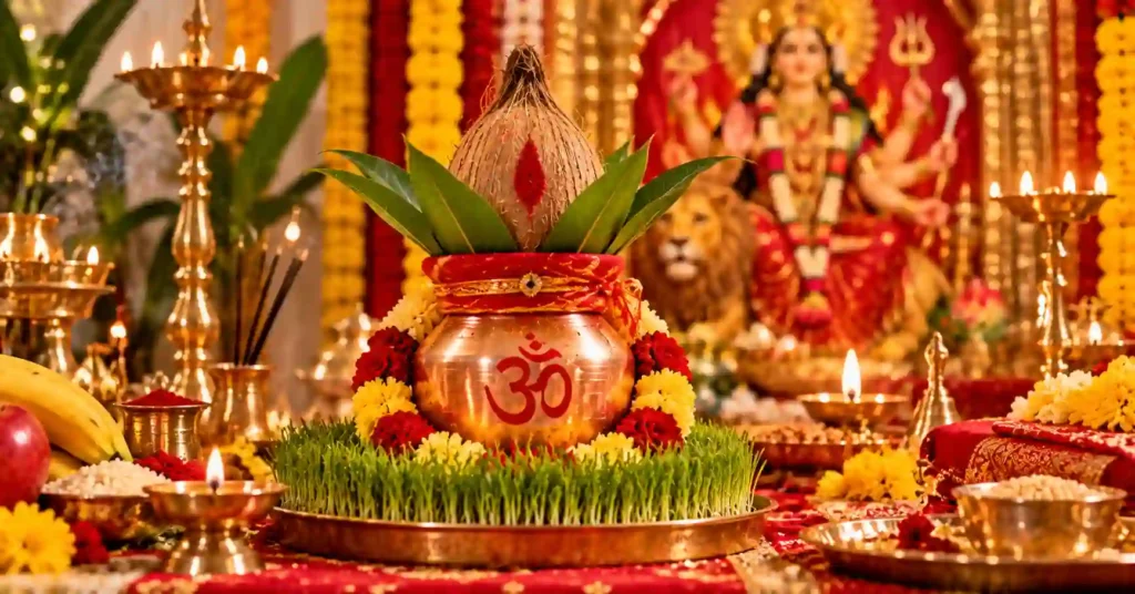 Traditional Ghatasthapana Kalash with coconut, mango leaves and barley seeds during Sharad Navratri