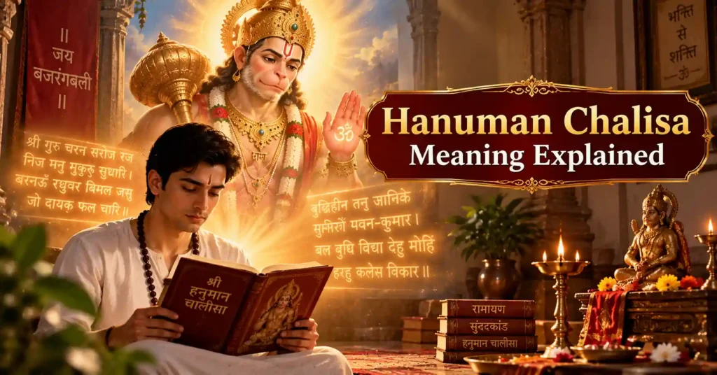 Devotee reading Hanuman Chalisa with Lord Hanuman blessing from above and sacred verses glowing around