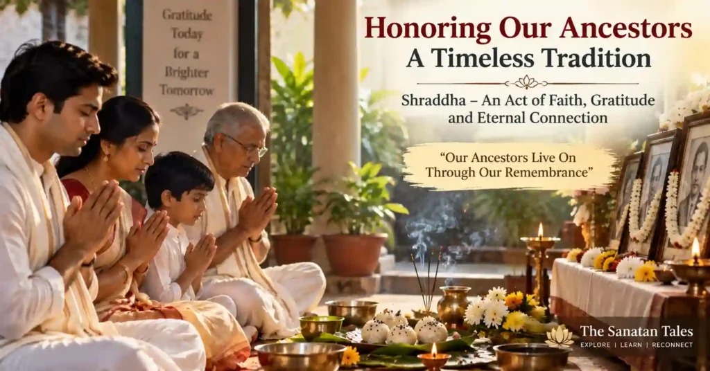 Hindu family performing Shraddha ritual and offering prayers to ancestors during remembrance ceremony