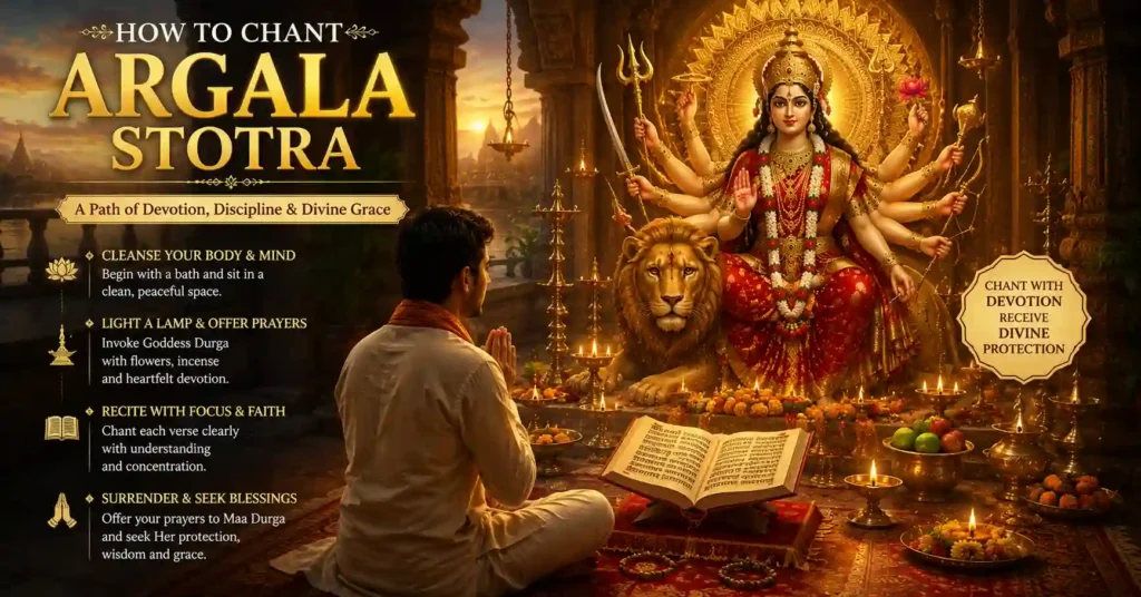 Devotee meditating before Goddess Durga altar with sacred book, flowers, and oil lamp during Argala Stotra chanting