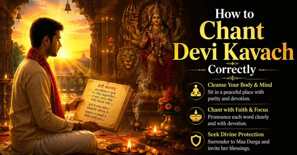 Devotee chanting Devi Kavach during sunrise meditation with diya, incense, and divine blessings from Maa Durga