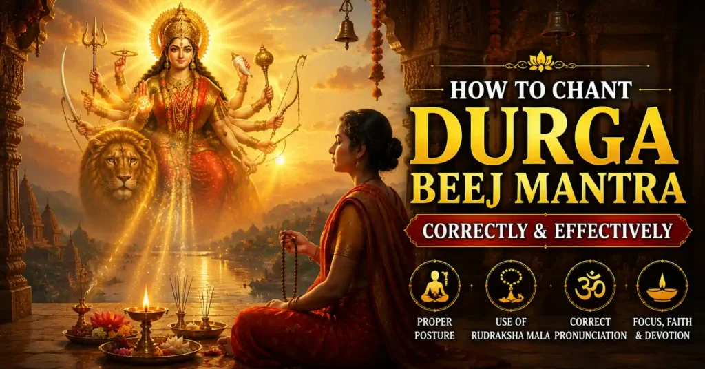 Devotee chanting Durga Beej Mantra during sunrise meditation with Rudraksha mala and diya in a peaceful temple setting