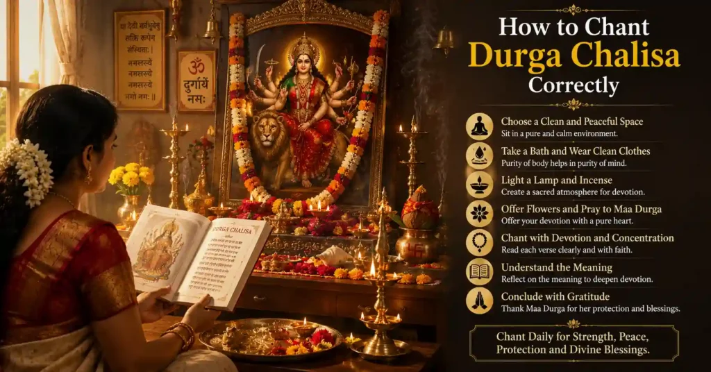 Devotee chanting Durga Chalisa before Maa Durga altar with diya, flowers, and incense during morning worship