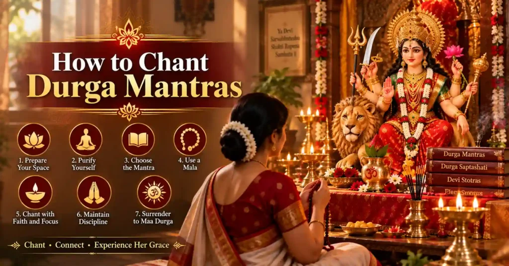 Devotee performing mantra japa before Maa Durga altar showing how to chant Durga Mantras correctly