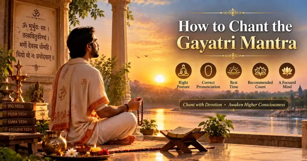 Hindu devotee chanting the Gayatri Mantra with a japa mala during sunrise, demonstrating the traditional method of chanting