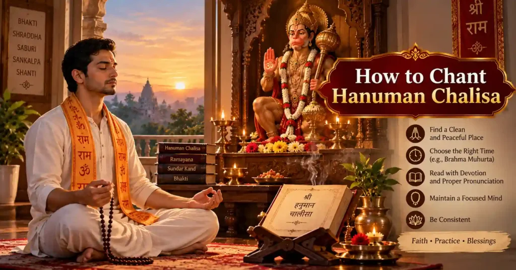 Devotee chanting Hanuman Chalisa with rudraksha mala during Brahma Muhurta before a Hanuman shrine