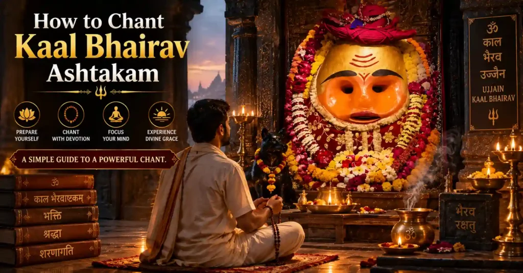 Traditional devotee chanting Kaal Bhairav Ashtakam with a rudraksha mala during Brahma Muhurta in a peaceful devotional setting.