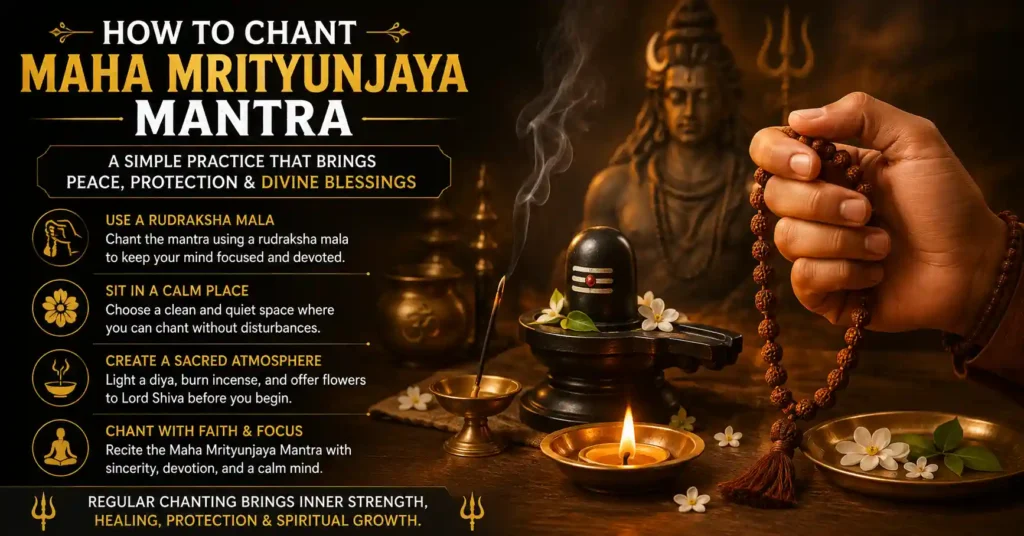 Devotee chanting Maha Mrityunjaya Mantra with Rudraksha mala before Shivling in a peaceful temple setting