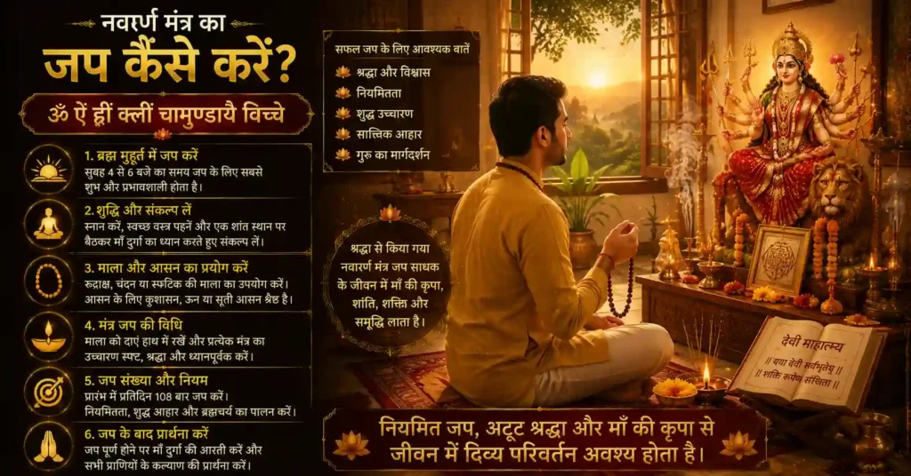 प्रातःकाल में दीपक, माला और देवी दुर्गा की उपस्थिति में नवार्ण मंत्र जप की विधि