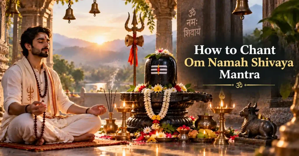 Devotee chanting Om Namah Shivaya Mantra with rudraksha mala before a Shivling during Shiva worship
