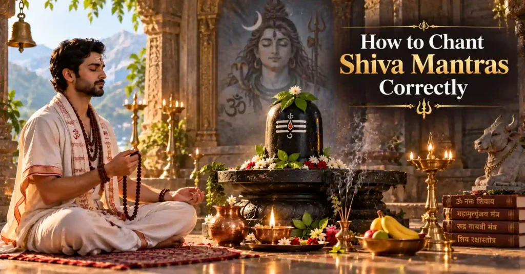 Devotee using a Rudraksha mala while chanting Shiva mantras before a Shivling with traditional worship items