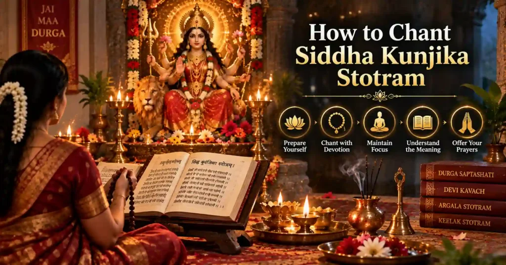 Devotee chanting Siddha Kunjika Stotram with devotion in front of Maa Durga altar