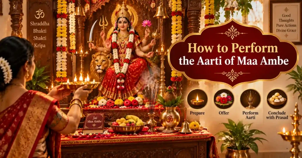Devotee performing Aarti of Maa Ambe at a traditional home shrine with diya, flowers, incense, and offerings