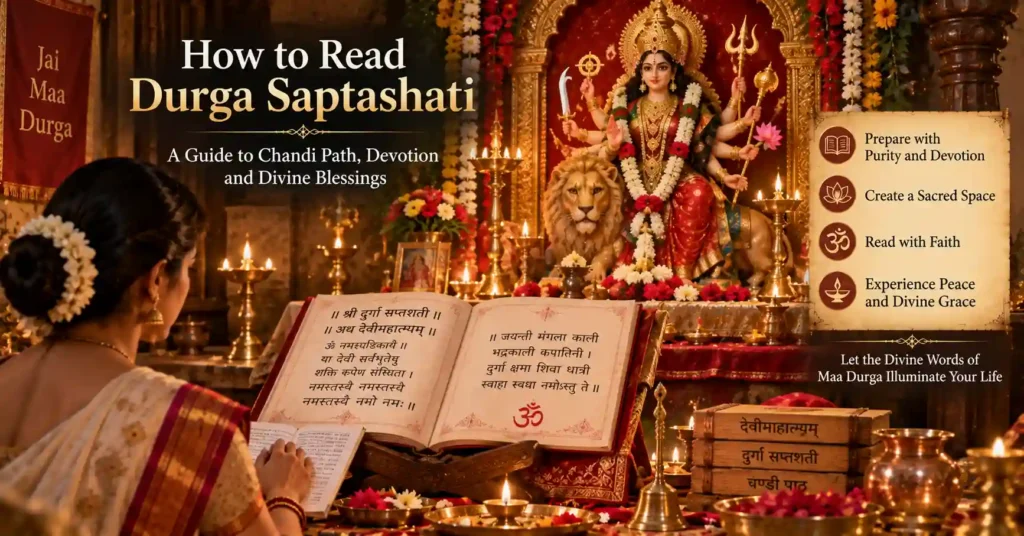 Devotee performing Durga Saptashati recitation before Maa Durga altar with sacred scripture and oil lamps during worship