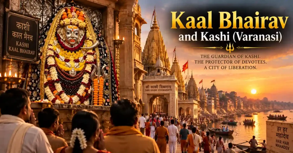 Lord Kaal Bhairav watching over Kashi Vishwanath and the Varanasi ghats at sunrise, highlighting the spiritual connection between Bhairav and Kashi.