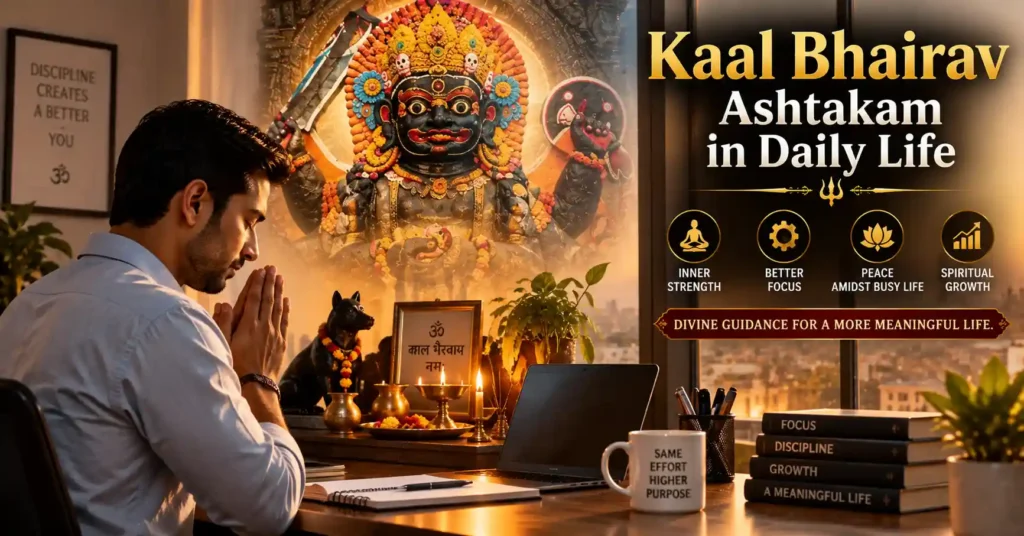 Modern devotee incorporating Kaal Bhairav Ashtakam into daily life through prayer, devotion, and spiritual discipline before work.