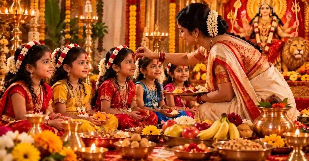 Kanya Pujan ritual during Sharad Navratri with young girls receiving flowers and prasad