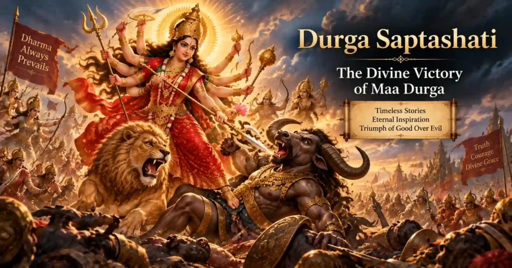 Maa Durga fighting Mahishasura in Durga Saptashati symbolizing victory of dharma over adharma