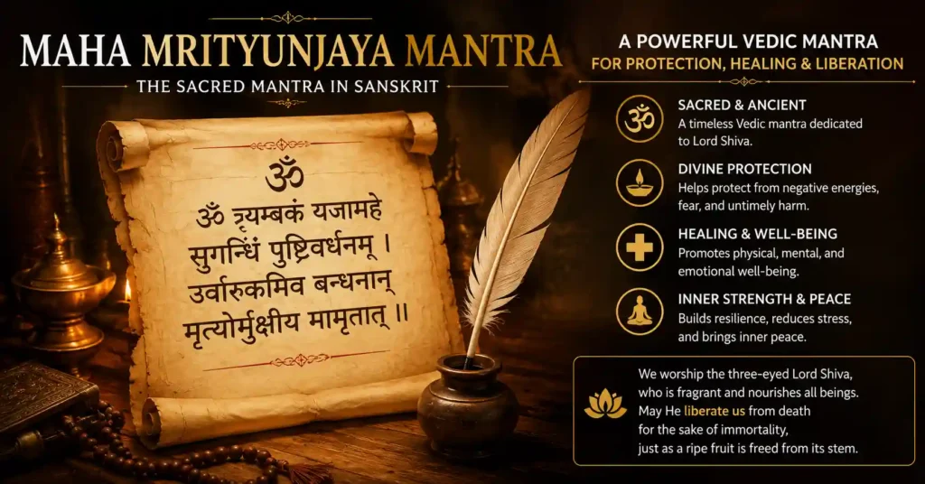 Maha Mrityunjaya Mantra written in Sanskrit on ancient parchment with sacred Vedic symbolism and devotional setting