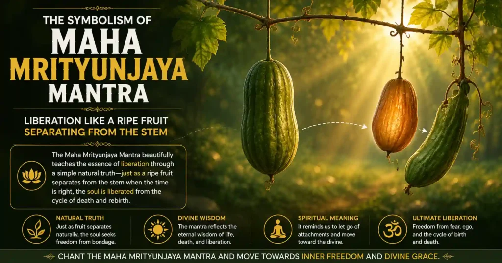 Symbolism of Maha Mrityunjaya Mantra showing ripe fruit separating from the stem representing liberation and spiritual freedom