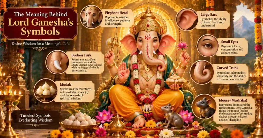 Symbolic meaning of Lord Ganesha's elephant head, large ears, trunk, broken tusk and mouse vehicle