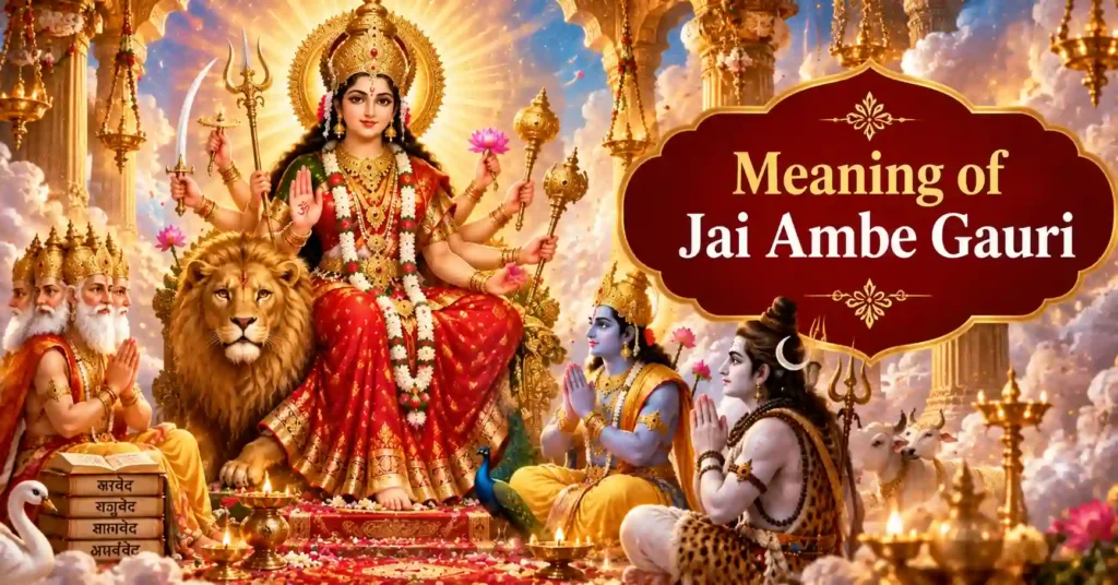 Divine Maa Ambe worshipped by Brahma, Vishnu, and Shiva, representing the meaning of Jai Ambe Gauri Aarti