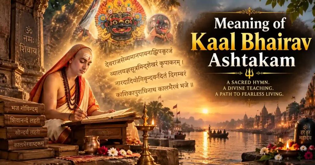 Adi Shankaracharya composing Kaal Bhairav Ashtakam near the Ganga with sacred Sanskrit verses and divine inspiration, representing the meaning of the hymn.