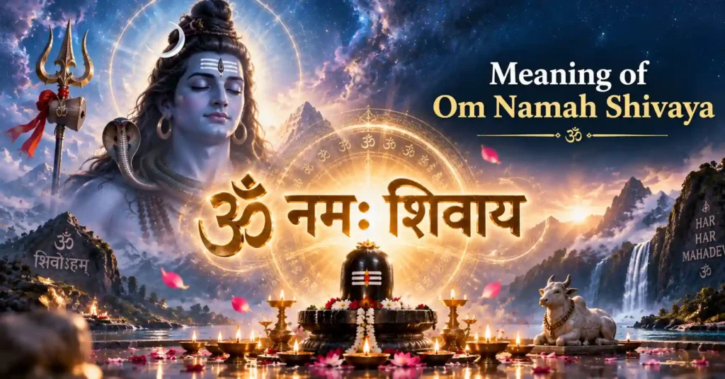 Sacred Om Namah Shivaya Sanskrit mantra with Lord Shiva illustrating the meaning of Om Namah Shivaya
