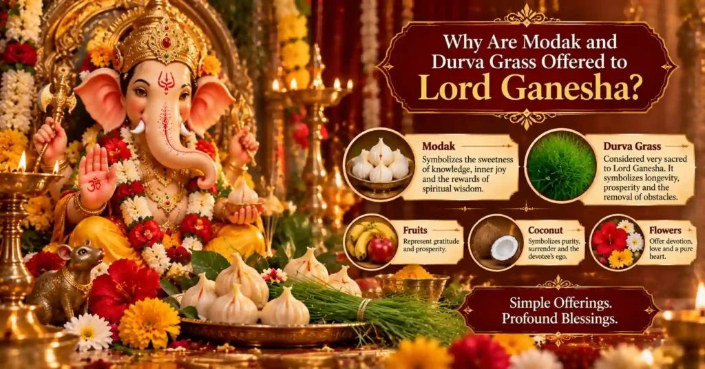 Modak, Durva grass and traditional offerings presented before Lord Ganesha