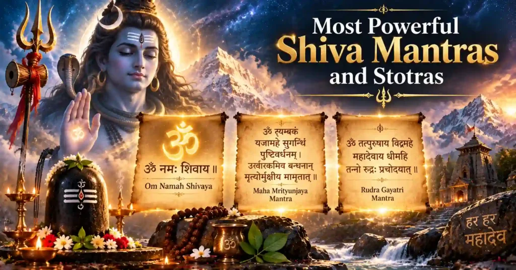 Sacred Shiva mantras including Om Namah Shivaya, Maha Mrityunjaya Mantra, and Rudra Gayatri with Lord Shiva blessing devotees