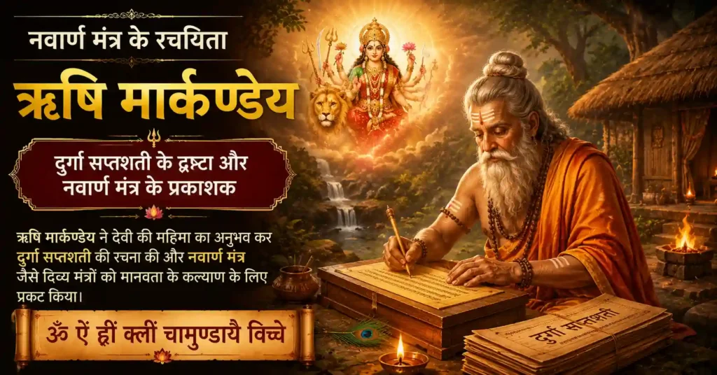 ऋषि मार्कण्डेय द्वारा नवार्ण मंत्र और देवी महात्म्य की परंपरा का चित्रण