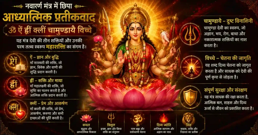 कमल, त्रिशूल, दिव्य प्रकाश और देवी दुर्गा के माध्यम से नवार्ण मंत्र के आध्यात्मिक प्रतीक