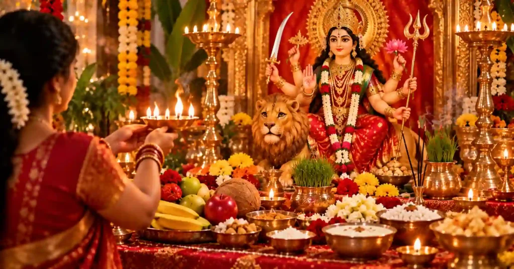 Devotee performing Navratri aarti with fruits, flowers, diyas and sattvic fasting foods
