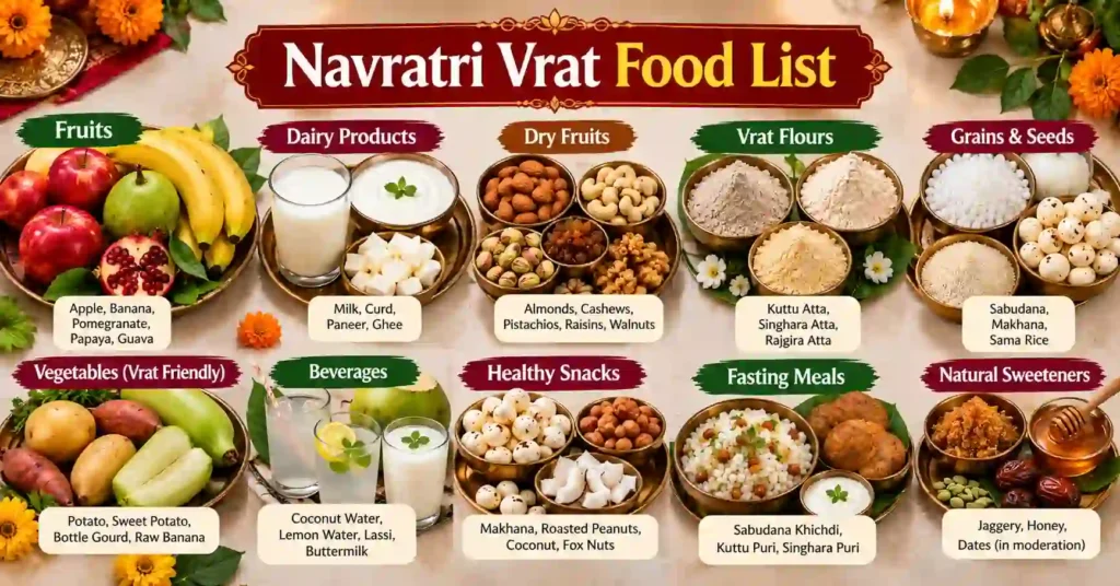 Navratri Vrat Food List showing fruits, dairy products, dry fruits, vrat flours, beverages and fasting-friendly foods