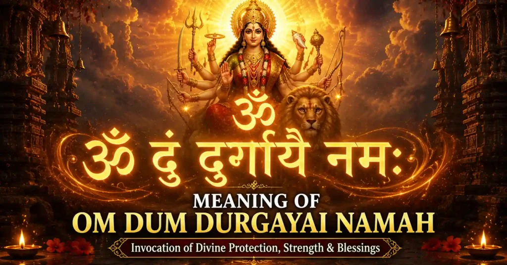 Sacred Sanskrit mantra Om Dum Durgayai Namah with Maa Durga in divine light representing the meaning of the Durga Beej Mantra
